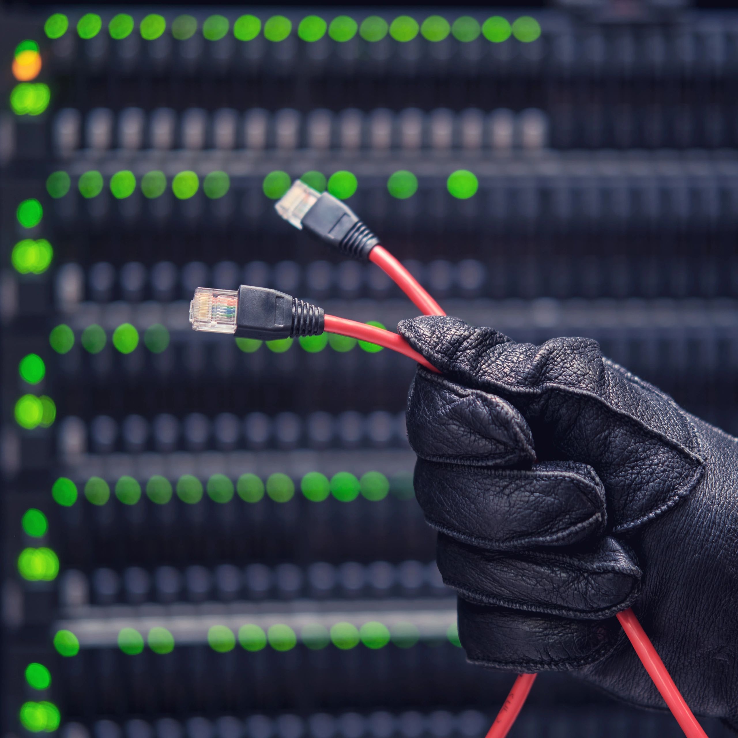 Gloved hand holding a network RJ45 cable