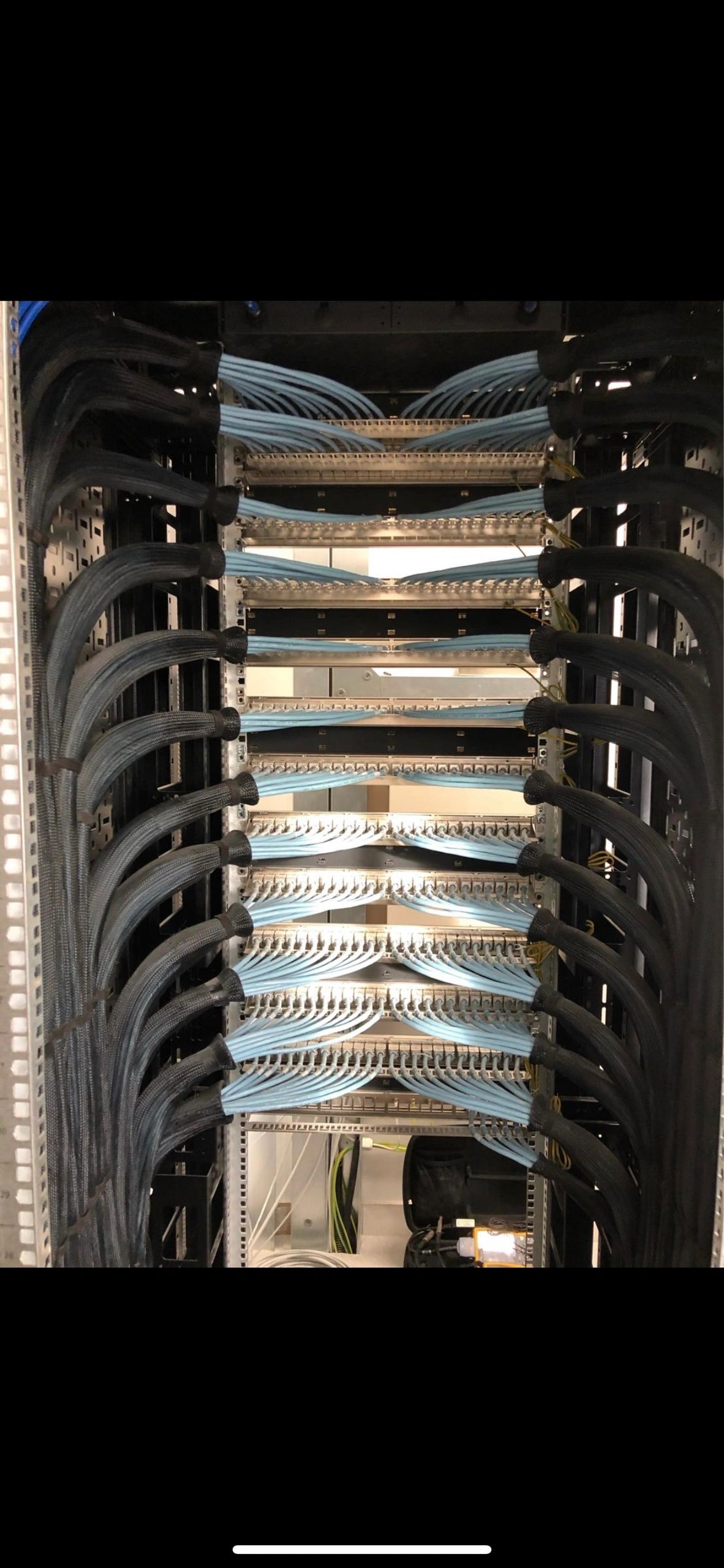 Overhead view of server rack cable management